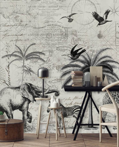 ilustración vintage de selva en blanco y negro de árboles, jirafa, papel tapiz de elefante