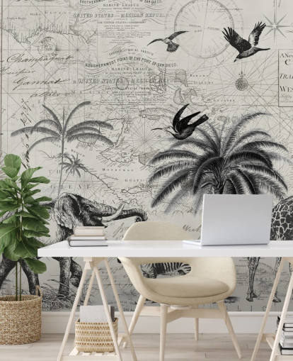 black and white jungle vintage illustration of trees, giraffe, elephant wallpaper