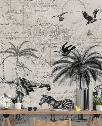 ilustración vintage de selva en blanco y negro de árboles, jirafa, papel tapiz de elefante