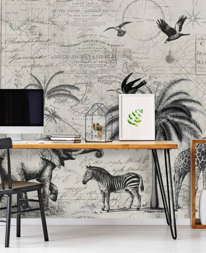 illustrazione vintage della giungla in bianco e nero di alberi, giraffa, carta da parati elefante