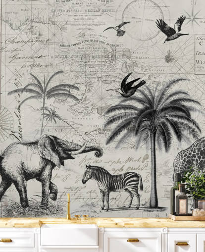illustrazione vintage della giungla in bianco e nero di alberi, giraffa, carta da parati elefante