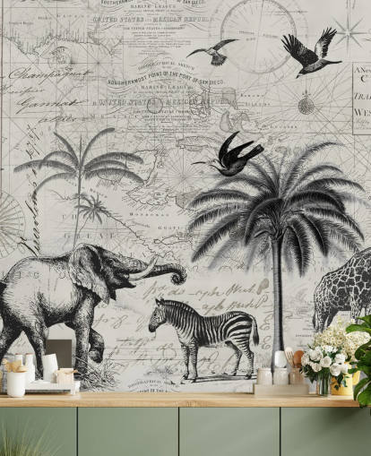 illustration vintage jungle noir et blanc d'arbres, girafe, papier peint éléphant