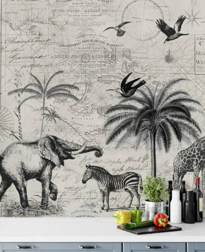 sort og hvid jungle vintage illustration af træer, giraf, elefant tapet