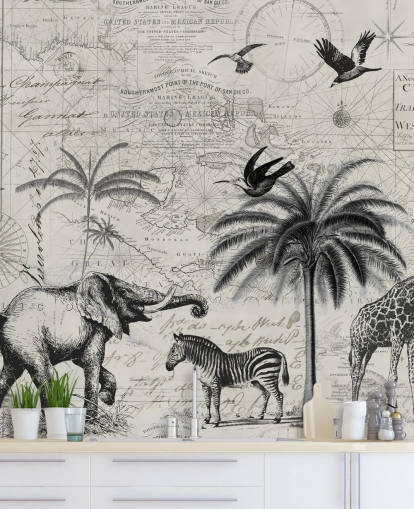 illustrazione vintage della giungla in bianco e nero di alberi, giraffa, carta da parati elefante