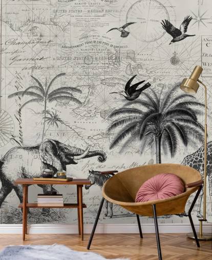 black and white jungle vintage illustration of trees, giraffe, elephant wallpaper