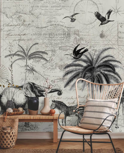 black and white jungle vintage illustration of trees, giraffe, elephant wallpaper