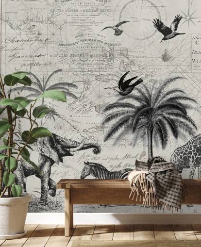 ilustración vintage de selva en blanco y negro de árboles, jirafa, papel tapiz de elefante