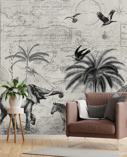 ilustração vintage selva preto e branco de árvores, girafa, elefante papel de parede ilustração vintage selva preto e branco de árvores, girafa, elefante papel de parede