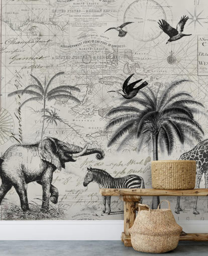 zwart-wit jungle vintage illustratie van bomen, giraf, olifantenbehang zwart-wit jungle vintage illustratie van bomen, giraf, olifantenbehang