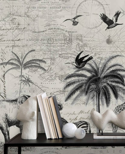 zwart-wit jungle vintage illustratie van bomen, giraf, olifantenbehang