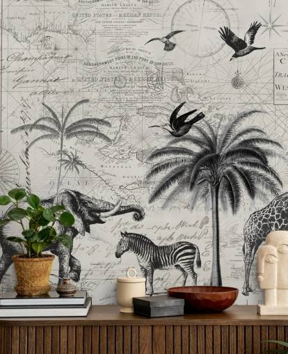 zwart-wit jungle vintage illustratie van bomen, giraf, olifantenbehang zwart-wit jungle vintage illustratie van bomen, giraf, olifantenbehang