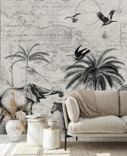 zwart-wit jungle vintage illustratie van bomen, giraf, olifantenbehang