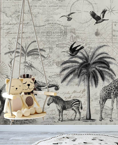 sort og hvid jungle vintage illustration af træer, giraf, elefant tapet