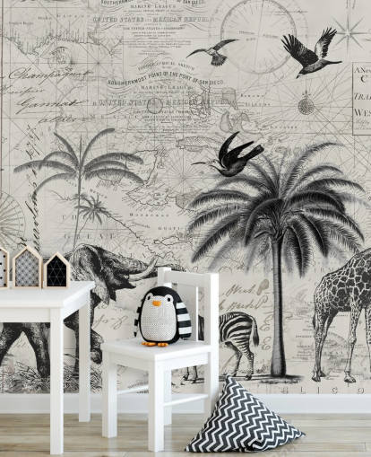 illustrazione vintage della giungla in bianco e nero di alberi, giraffa, carta da parati elefante illustrazione vintage della giungla in bianco e nero di alberi, giraffa, carta da parati elefante