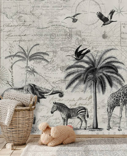 zwart-wit jungle vintage illustratie van bomen, giraf, olifantenbehang