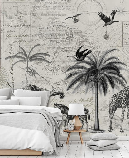 illustrazione vintage della giungla in bianco e nero di alberi, giraffa, carta da parati elefante