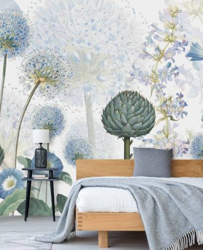 mural de papel pintado de flores de pradera personalizado azul y blanco llamado Blue Wild Meadow de Sir Edward para dormitorios