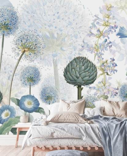 blue and white custom meadow flowers wallpaper mural called Blue Wild Meadow by Sir Edward for bedrooms