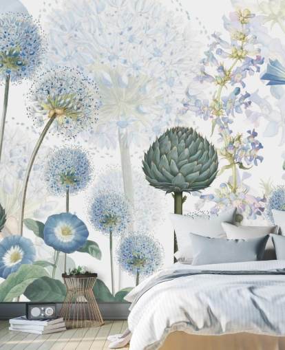 mural de papel pintado de flores de pradera personalizado azul y blanco llamado Blue Wild Meadow de Sir Edward para dormitorios