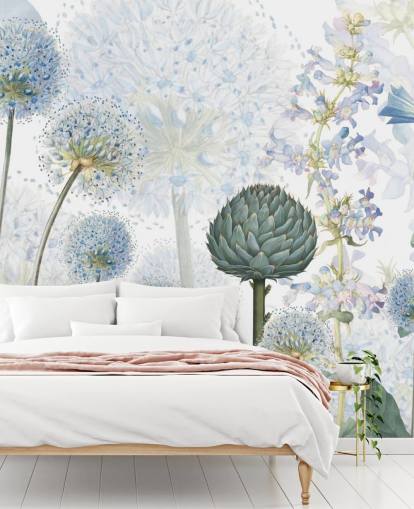 blaue und weiße benutzerdefinierte Wiesenblumentapete namens Blue Wild Meadow von Sir Edward für Schlafzimmer