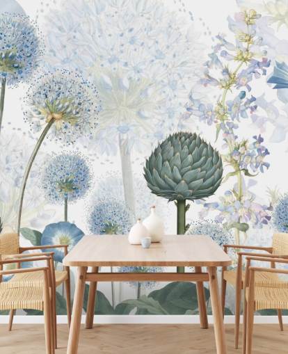 blå og hvid brugerdefinerede engblomster tapetmaleri kaldet Blue Wild Meadow af Sir Edward til soveværelser