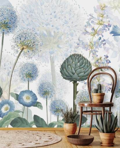 blauw-witte op maat gemaakte weidebloemen behangmuurschildering genaamd Blue Wild Meadow van Sir Edward voor slaapkamers blauw-witte op maat gemaakte weidebloemen behangmuurschildering genaamd Blue Wild Meadow van Sir Edward voor slaapkamers