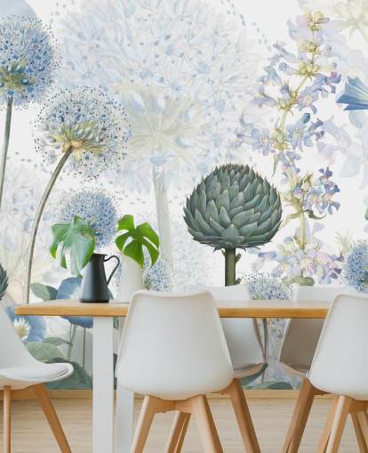 blaue und weiße benutzerdefinierte Wiesenblumentapete namens Blue Wild Meadow von Sir Edward für Schlafzimmer