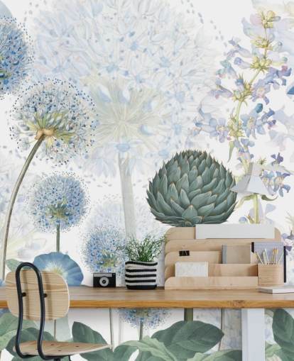 blå och vita anpassade ängblommor tapetväggmålning kallad Blue Wild Meadow av Sir Edward för sovrum blå och vita anpassade ängblommor tapetväggmålning kallad Blue Wild Meadow av Sir Edward för sovrum