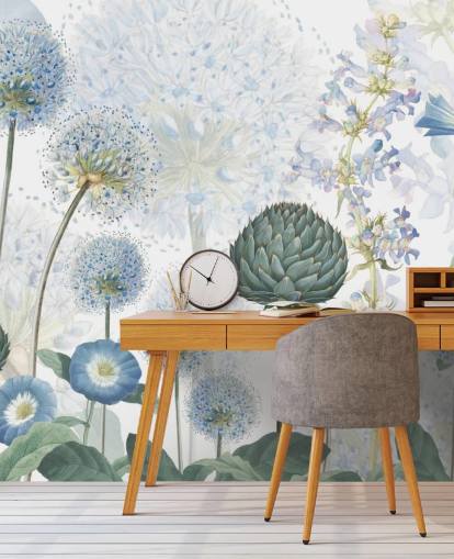 blauw-witte op maat gemaakte weidebloemen behangmuurschildering genaamd Blue Wild Meadow van Sir Edward voor slaapkamers blauw-witte op maat gemaakte weidebloemen behangmuurschildering genaamd Blue Wild Meadow van Sir Edward voor slaapkamers