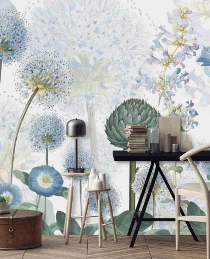 mural de papel de parede de flores de prado personalizado em azul e branco chamado Blue Wild Meadow de Sir Edward para quartos