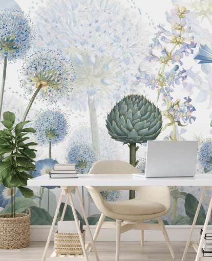 mural de papel pintado de flores de pradera personalizado azul y blanco llamado Blue Wild Meadow de Sir Edward para dormitorios