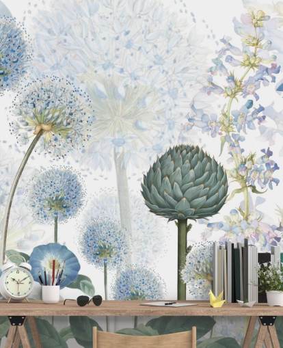 blauw-witte op maat gemaakte weidebloemen behangmuurschildering genaamd Blue Wild Meadow van Sir Edward voor slaapkamers