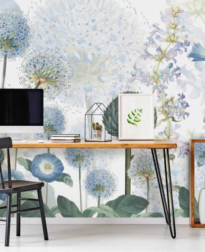 blå och vita anpassade ängblommor tapetväggmålning kallad Blue Wild Meadow av Sir Edward för sovrum blå och vita anpassade ängblommor tapetväggmålning kallad Blue Wild Meadow av Sir Edward för sovrum