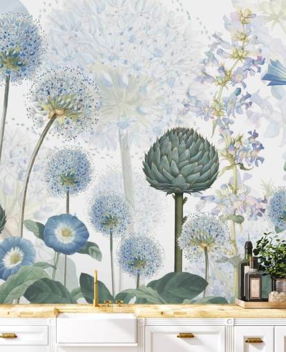 blaue und weiße benutzerdefinierte Wiesenblumentapete namens Blue Wild Meadow von Sir Edward für Schlafzimmer blaue und weiße benutzerdefinierte Wiesenblumentapete namens Blue Wild Meadow von Sir Edward für Schlafzimmer