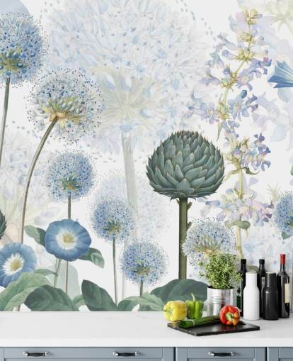 blauw-witte op maat gemaakte weidebloemen behangmuurschildering genaamd Blue Wild Meadow van Sir Edward voor slaapkamers