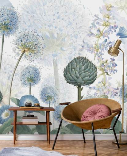 murale di carta da parati personalizzato blu e bianco con fiori di prato chiamato Blue Wild Meadow di Sir Edward per camere da letto