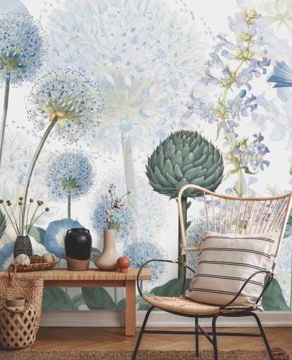 blaue und weiße benutzerdefinierte Wiesenblumentapete namens Blue Wild Meadow von Sir Edward für Schlafzimmer