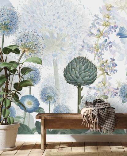 papier peint mural personnalisé bleu et blanc de fleurs de prairie appelé Blue Wild Meadow par Sir Edward pour les chambres