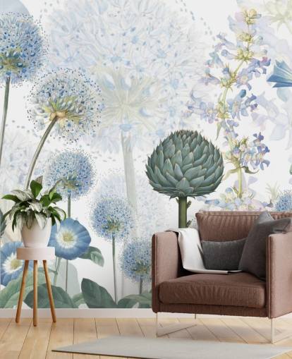 blå og hvite tilpassede engblomster tapetmaleri kalt Blue Wild Meadow av Sir Edward for soverom blå og hvite tilpassede engblomster tapetmaleri kalt Blue Wild Meadow av Sir Edward for soverom