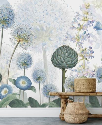 murale di carta da parati personalizzato blu e bianco con fiori di prato chiamato Blue Wild Meadow di Sir Edward per camere da letto