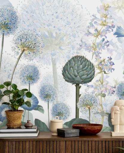mural de papel pintado de flores de pradera personalizado azul y blanco llamado Blue Wild Meadow de Sir Edward para dormitorios