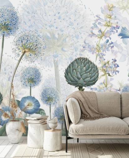 mural de papel pintado de flores de pradera personalizado azul y blanco llamado Blue Wild Meadow de Sir Edward para dormitorios