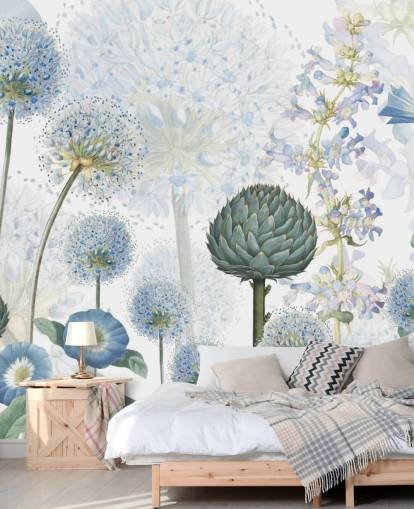 blauw-witte op maat gemaakte weidebloemen behangmuurschildering genaamd Blue Wild Meadow van Sir Edward voor slaapkamers