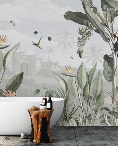 papier peint vintage de la jungle personnalisable blanc et vert appelé Botanical Beauty par Sir Edward pour le salon