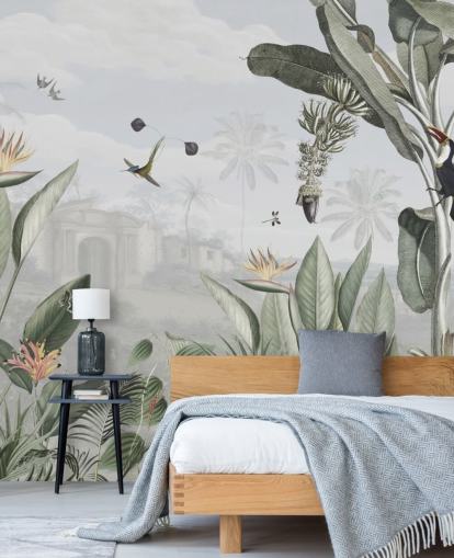 wit en groen aanpasbaar vintage junglebehang genaamd Botanical Beauty van Sir Edward voor de woonkamer wit en groen aanpasbaar vintage junglebehang genaamd Botanical Beauty van Sir Edward voor de woonkamer