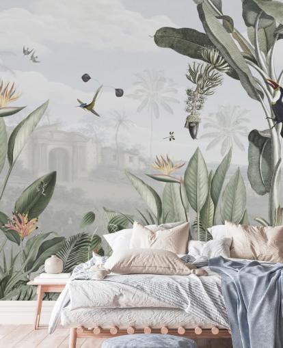 white and green customisable vintage jungle wallpaper called Botanical Beauty by Sir Edward for living room