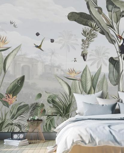 papel pintado vintage personalizable blanco y verde de la jungla llamado Botanical Beauty de Sir Edward para sala de estar