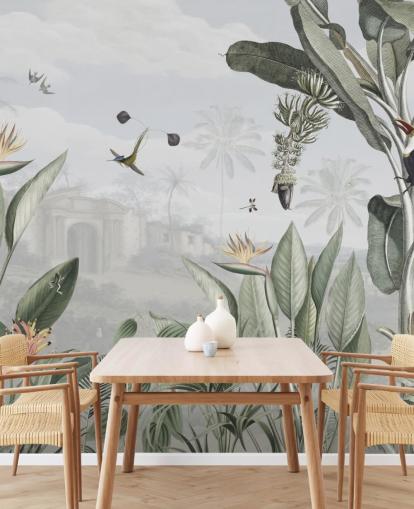 wit en groen aanpasbaar vintage junglebehang genaamd Botanical Beauty van Sir Edward voor de woonkamer wit en groen aanpasbaar vintage junglebehang genaamd Botanical Beauty van Sir Edward voor de woonkamer