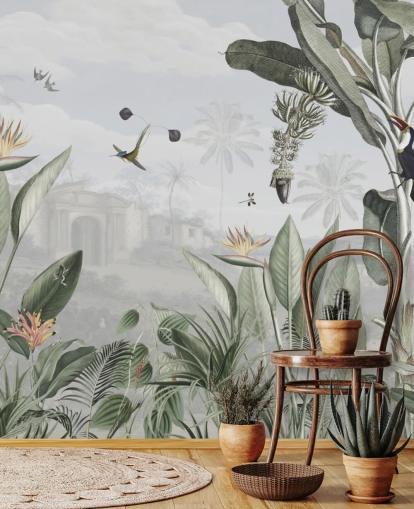 hvitt og grønt tilpassbart vintage jungel tapet kalt Botanical Beauty av Sir Edward for stuen hvitt og grønt tilpassbart vintage jungel tapet kalt Botanical Beauty av Sir Edward for stuen