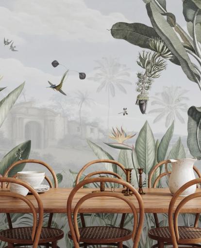 wit en groen aanpasbaar vintage junglebehang genaamd Botanical Beauty van Sir Edward voor de woonkamer wit en groen aanpasbaar vintage junglebehang genaamd Botanical Beauty van Sir Edward voor de woonkamer